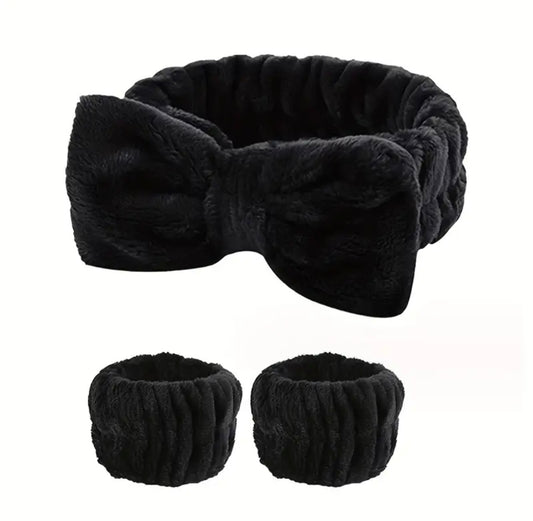 3pcs/set Fluffy Lovely Bowknot Head Band Water Absorbent Wristband For Spa Makeup Skincare Face Washing